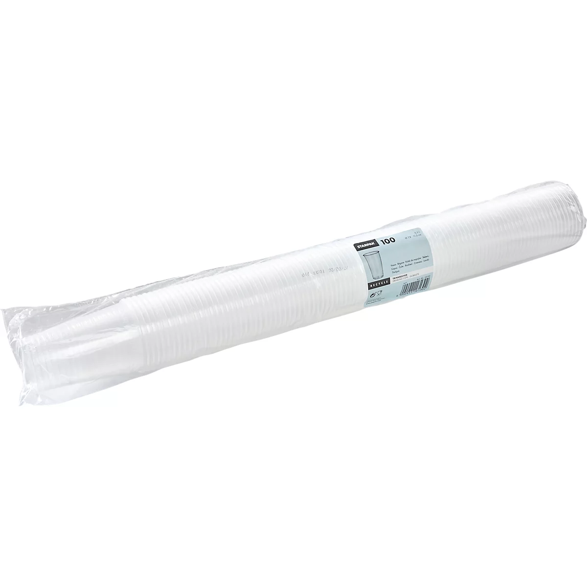Gobelet jetable en plastique transparent avec impression 100% RECYCLABLE sur fond blanc.