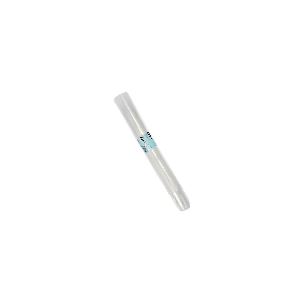 Une pile verticale de gobelets jetables transparents emballés dans un film plastique avec une étiquette bleue.