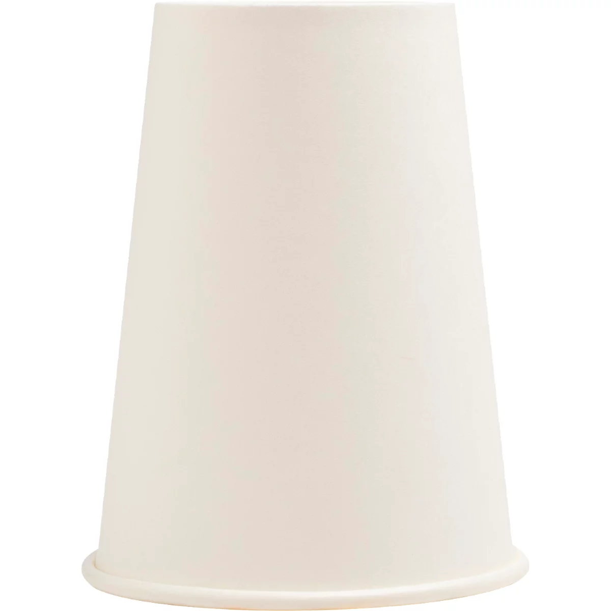 Une tasse en papier blanche et conique. La tasse a une base arrondie.