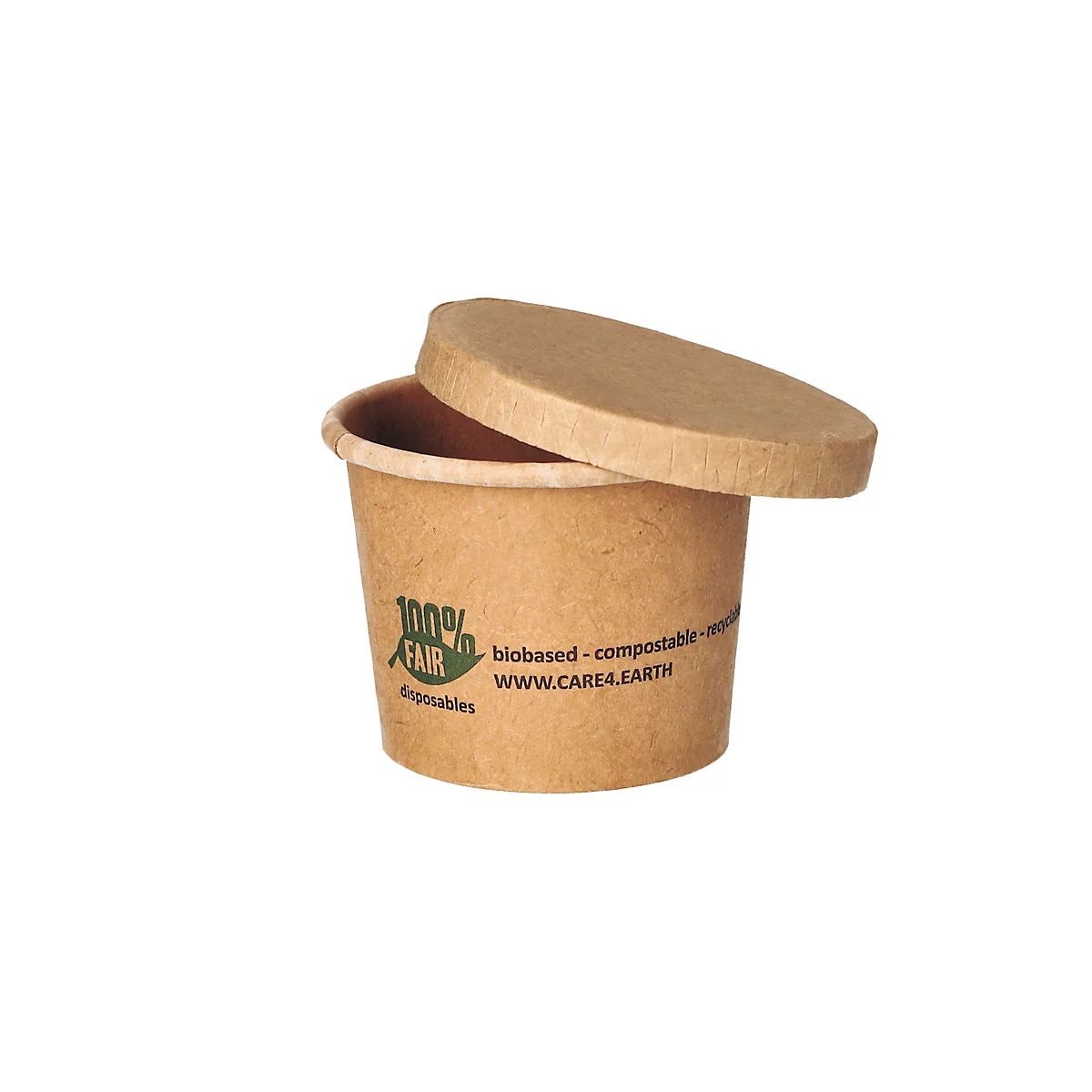 Gobelet en carton brun avec couvercle légèrement entrouvert. Inscription : 100% FAIR, biobased - compostable - recyclable, WWW.CARE4.EARTH.