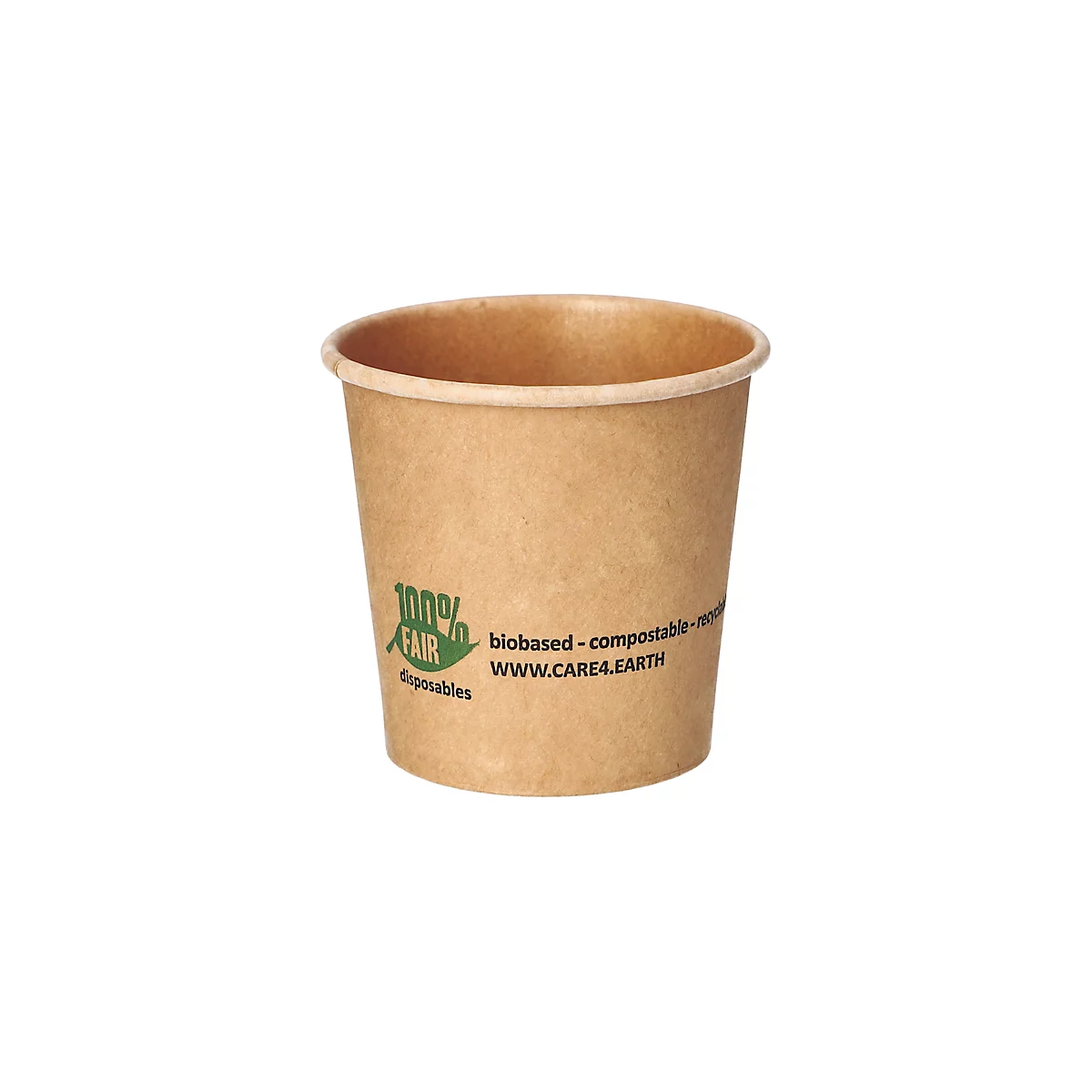 Gobelet en papier brun avec impression verte et texte : 100% équitable, biodégradable. Sur fond blanc.