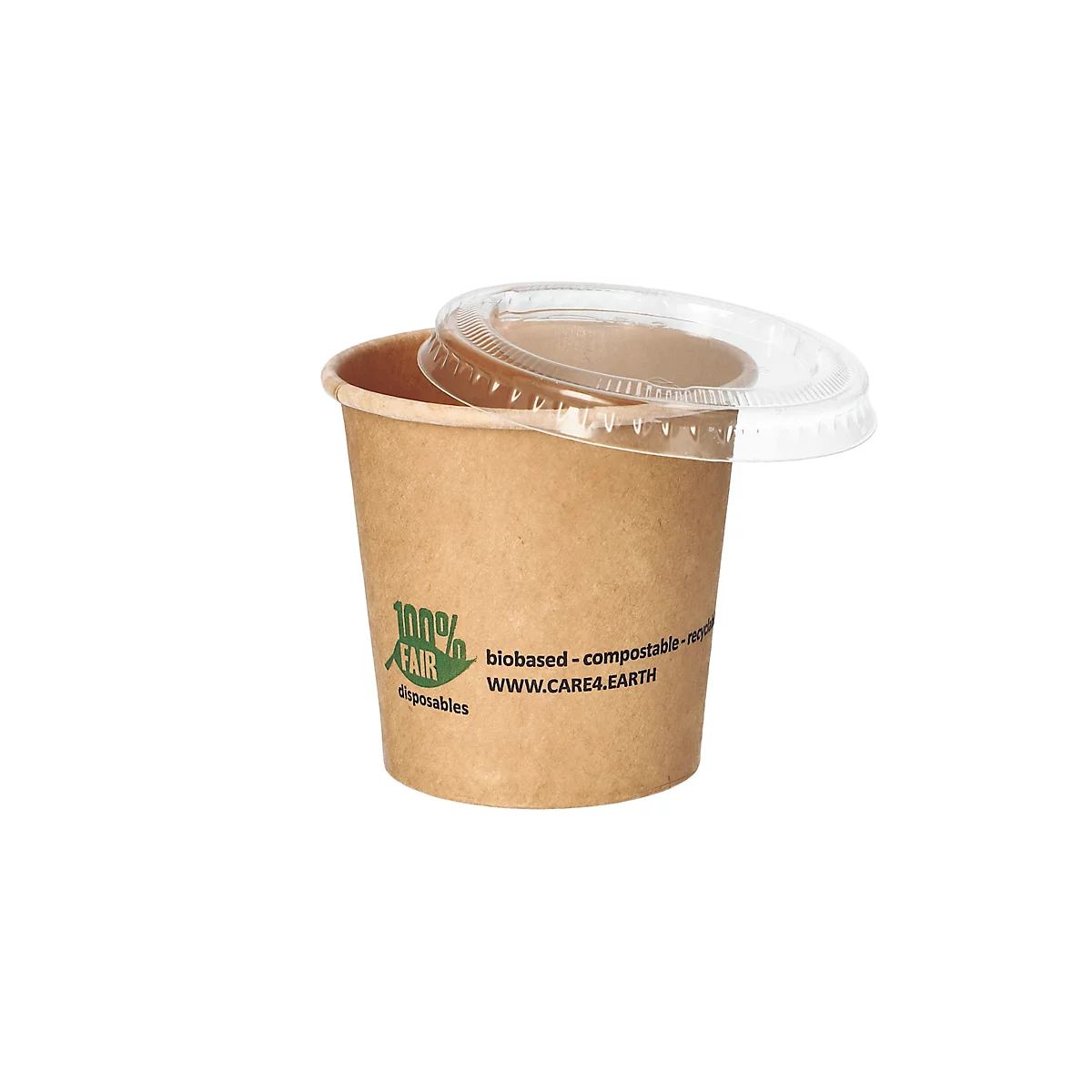 Bol compostable marron avec couvercle transparent. Imprimé : '100% FAIR'.