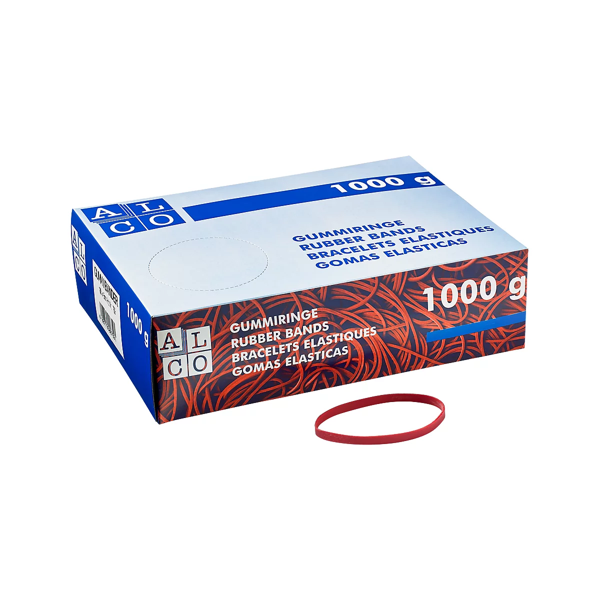 Caja de gomas elásticas con una goma delante. Impresiones: Gomas elásticas, 1000g.