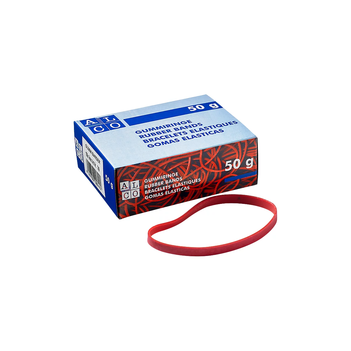 Una caja de gomas elásticas con un anillo rojo. La información está escrita en la caja en varios idiomas.