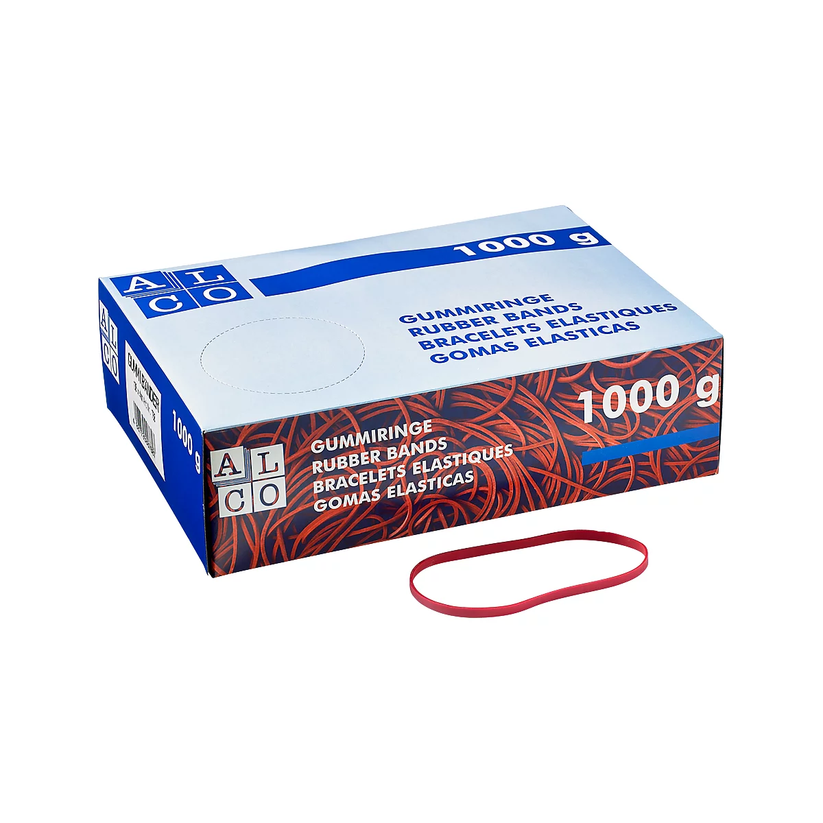 Una caja de gomas elásticas rojas, junto a un solo anillo.