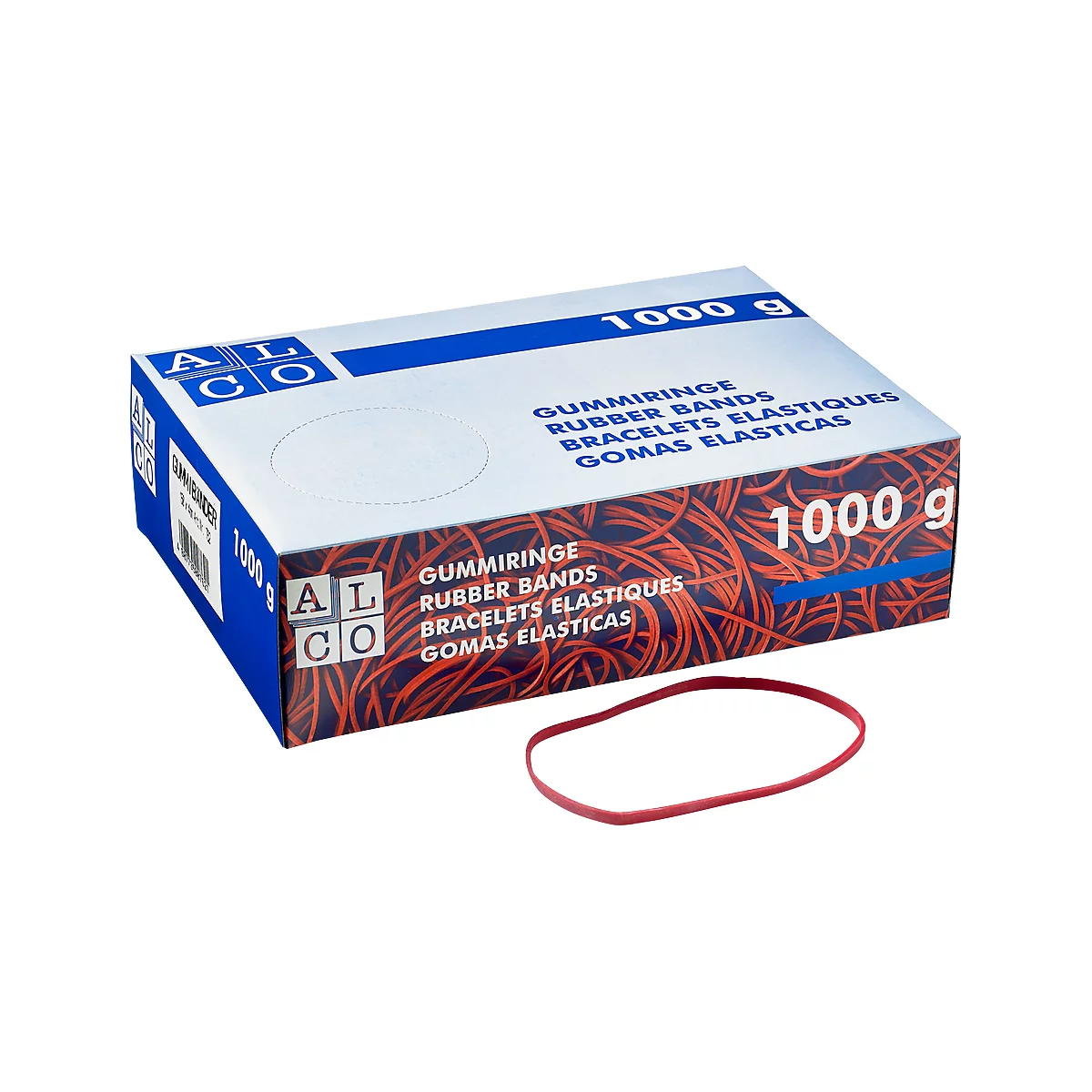 Caja de gomas elásticas, con una sola goma elástica roja.