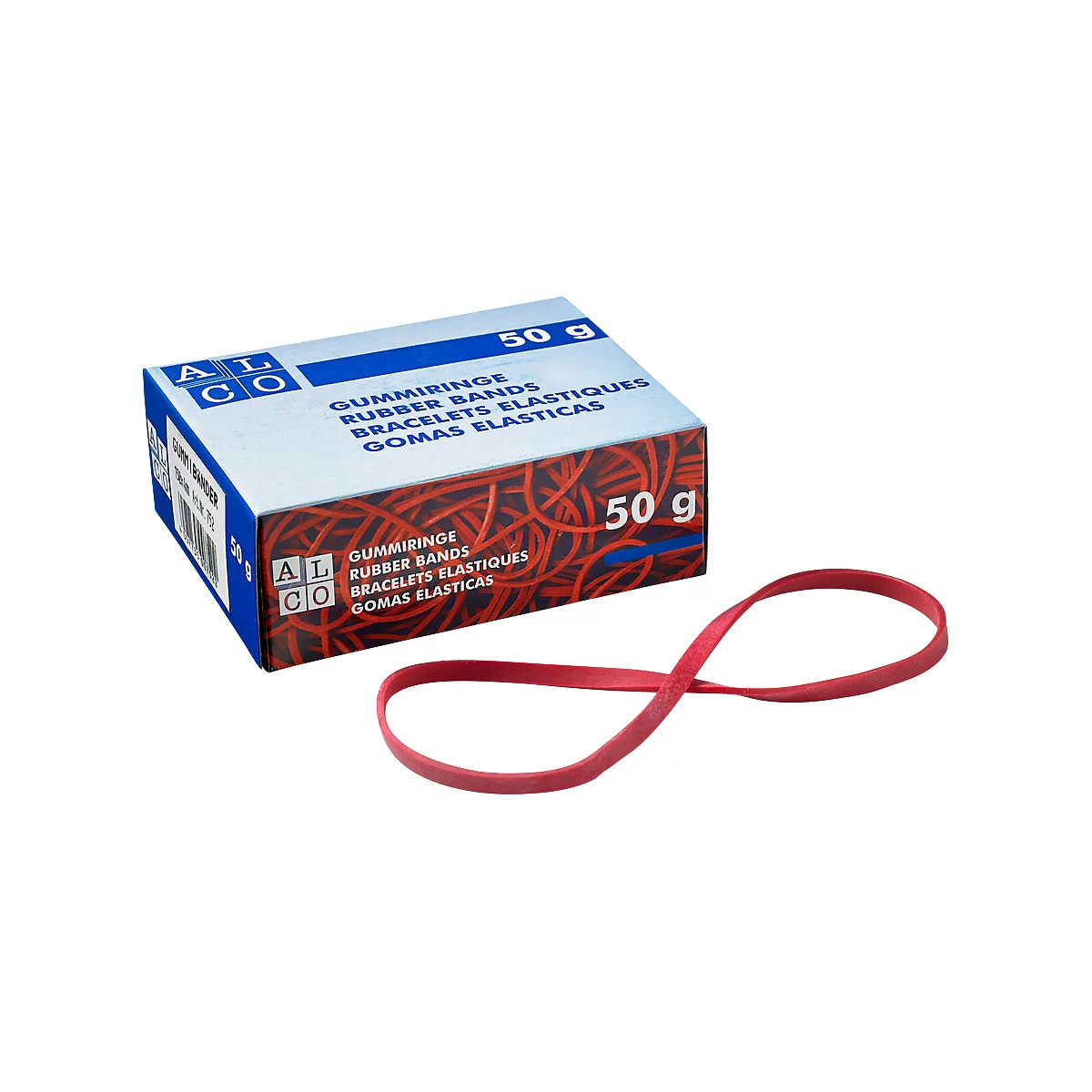 Una goma elástica roja en forma de ocho acostado, junto a una caja de gomas elásticas rojas, etiquetada con texto.