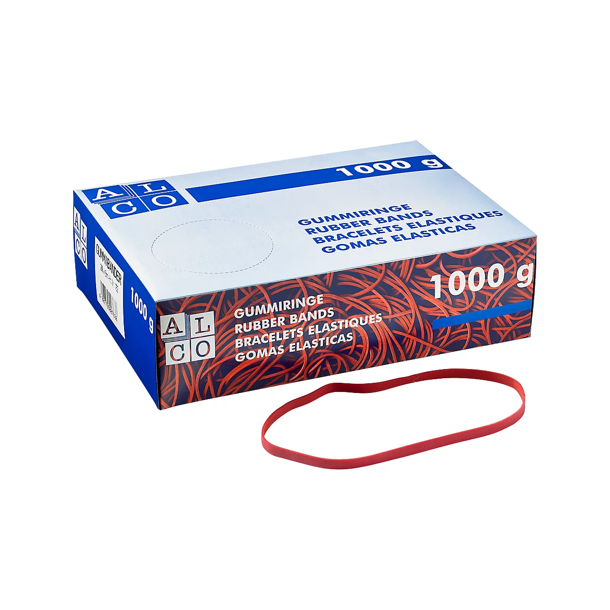 Caja de gomas elásticas con un anillo rojo al lado. Inscripción: Gummiringe, Rubber Bands, 1000 g.