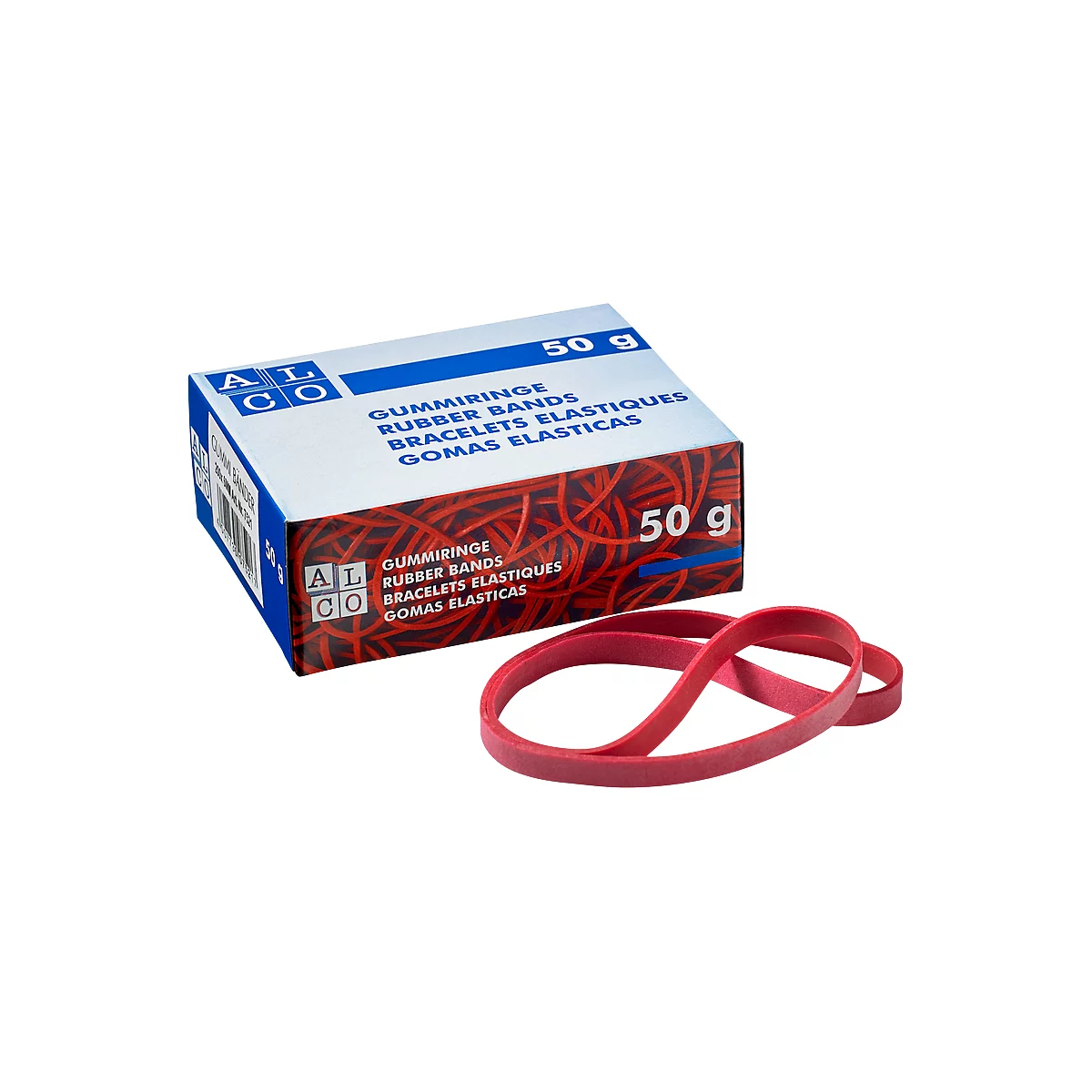 Una caja de bandas de goma rojas y bandas sueltas junto a ella. La caja dice "Bandas de goma", "50 g" y tiene logotipos.