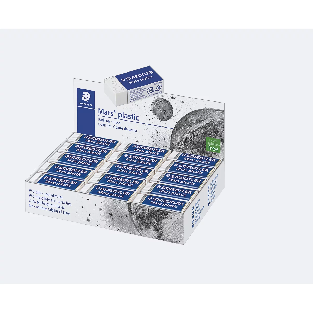 Présentoir contenant douze gommes blanches Staedtler Mars plastic sur fond blanc.