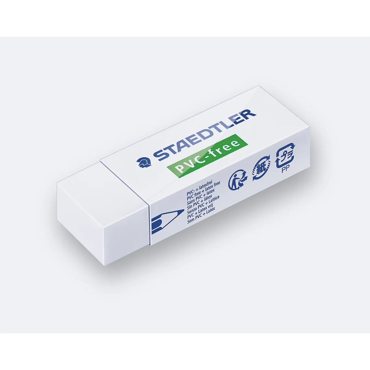 Gomme blanche Staedtler avec logo bleu et inscription verte 'PVC-free' sur étui en papier.