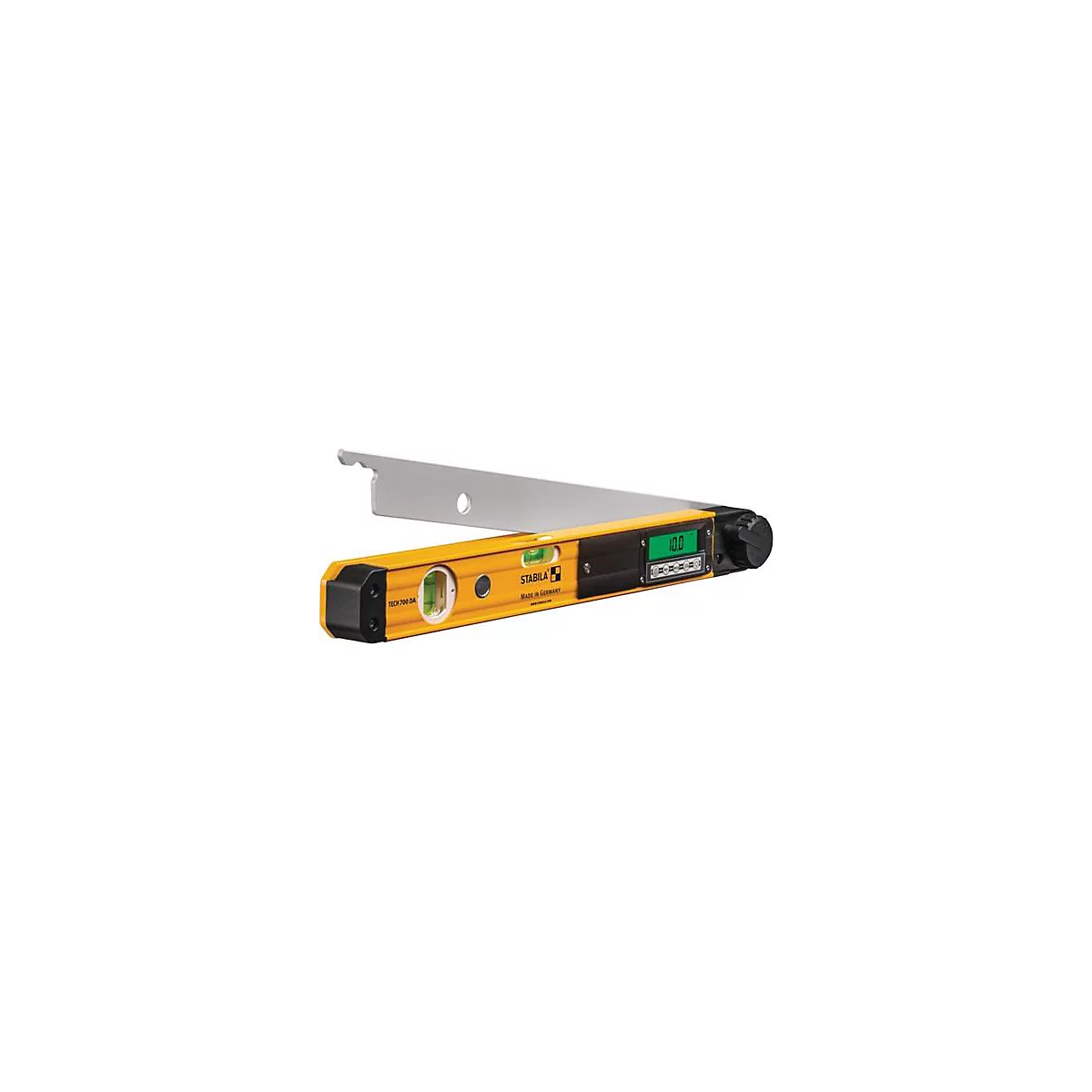 Niveau numérique jaune et noir avec écran vert et fixation d'angle argentée.