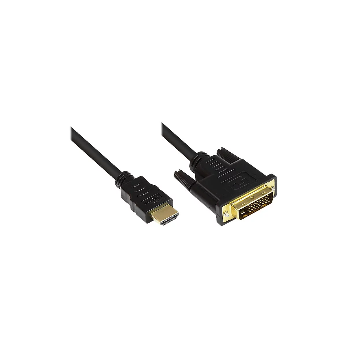 Schwarzes Adapterkabel mit einem HDMI-Stecker und einem DVI-Stecker vor weißem Hintergrund.