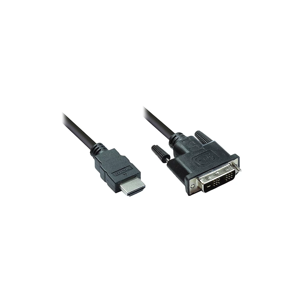 Adapterkabel mit schwarzem HDMI-Stecker und schwarzem DVI-Stecker vor weißem Hintergrund.