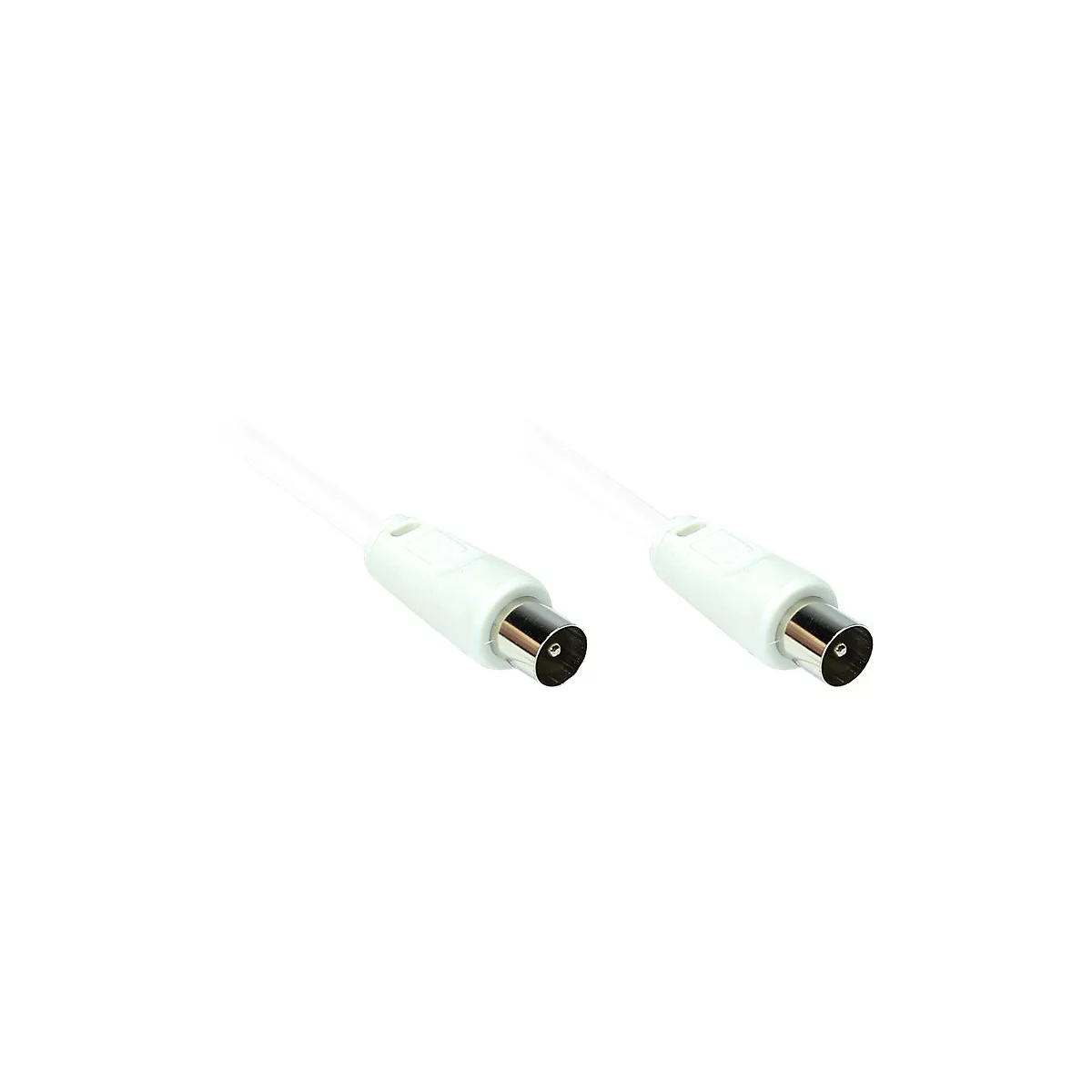 Zwei weiße Antennenstecker mit metallischem Anschlussstück vor weißem Hintergrund.