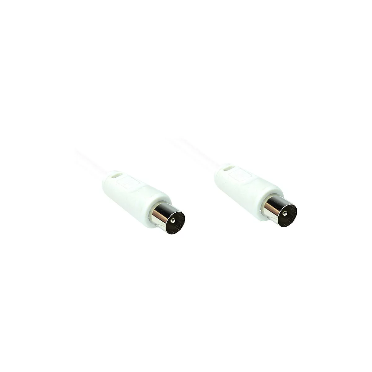 Zwei weiße Antennenkabel-Stecker mit metallischen Koaxialanschlüssen vor weißem Hintergrund.
