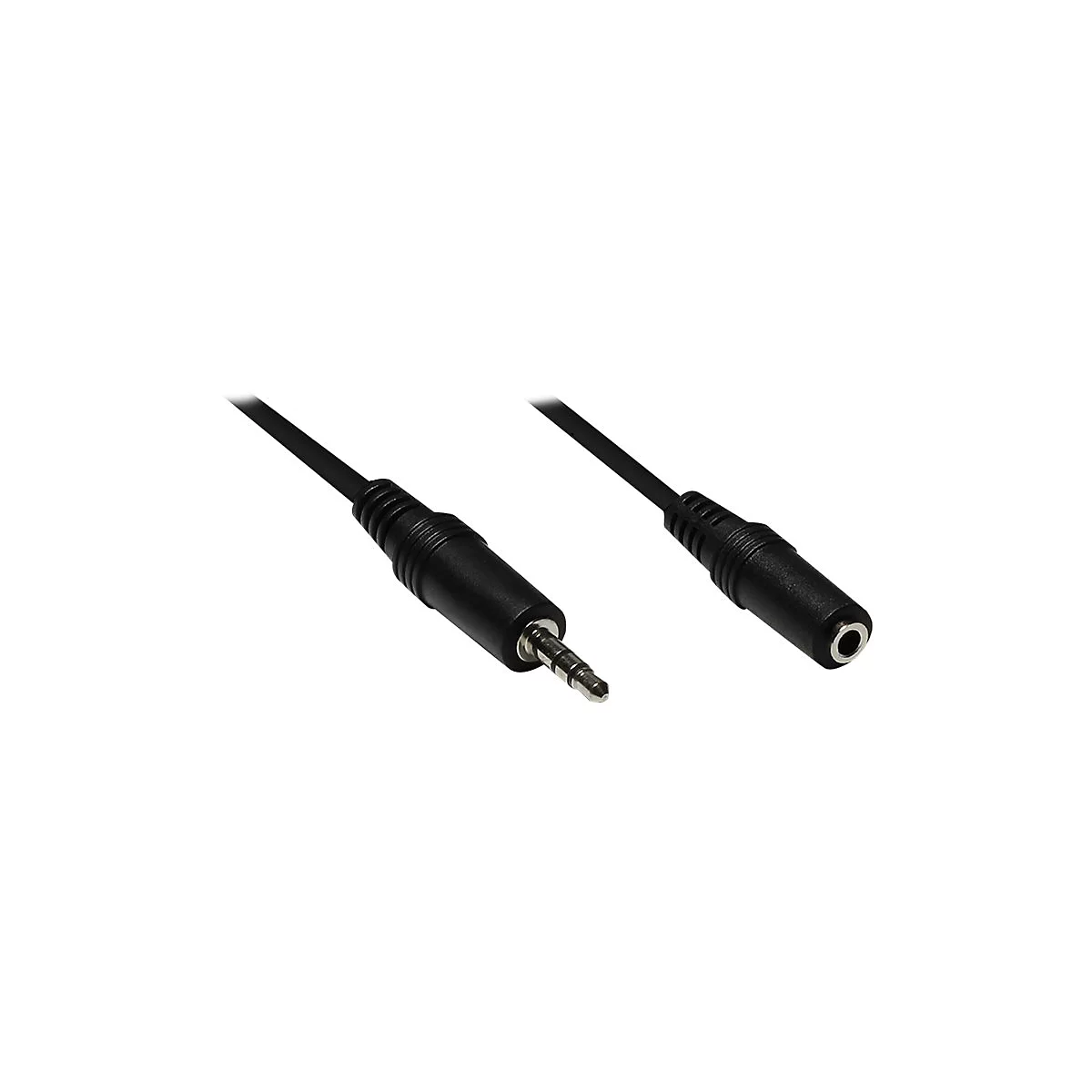 Ein schwarzes 3,5 mm Klinken-Verlängerungskabel mit einem Stecker an einem Ende und einer Buchse am anderen Ende.
