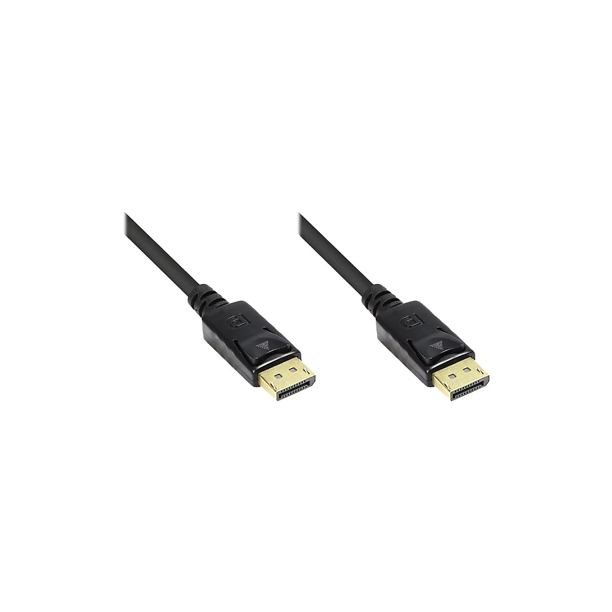 Zwei schwarze DisplayPort-Kabelenden mit goldenen Steckern vor weißem Hintergrund.