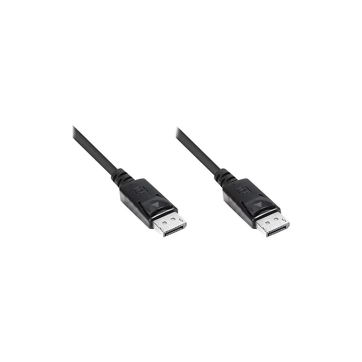 Zwei schwarze DisplayPort-Kabelanschlüsse mit Entriegelungstaste vor weißem Hintergrund.