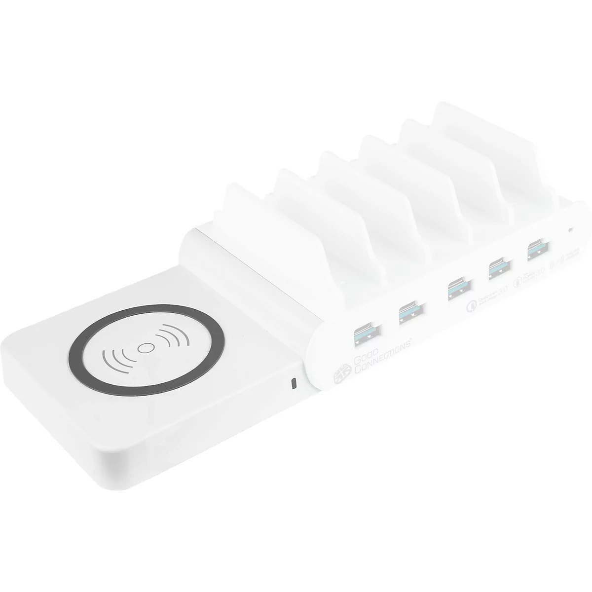 Good Connections draadloze lader, Qi-enabled, vermogen 15 W, voor USB desktop snellaadstation met 110 W, aansluiting aan linkerzijde, wit