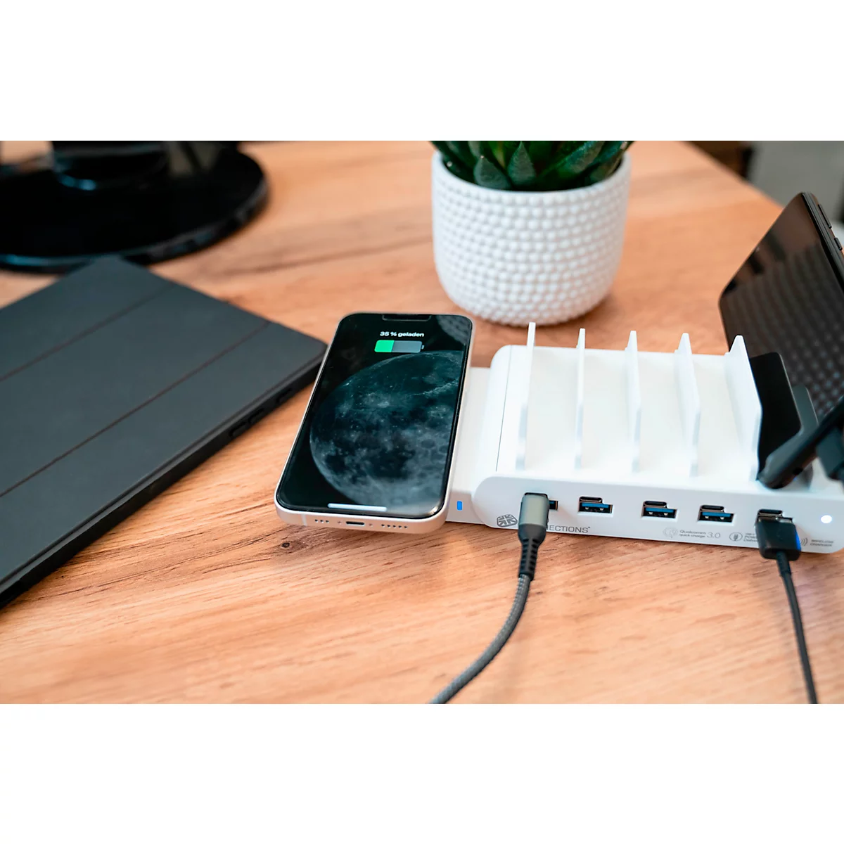 Good Connections draadloze lader, Qi-enabled, vermogen 15 W, voor USB desktop snellaadstation met 110 W, aansluiting aan linkerzijde, wit