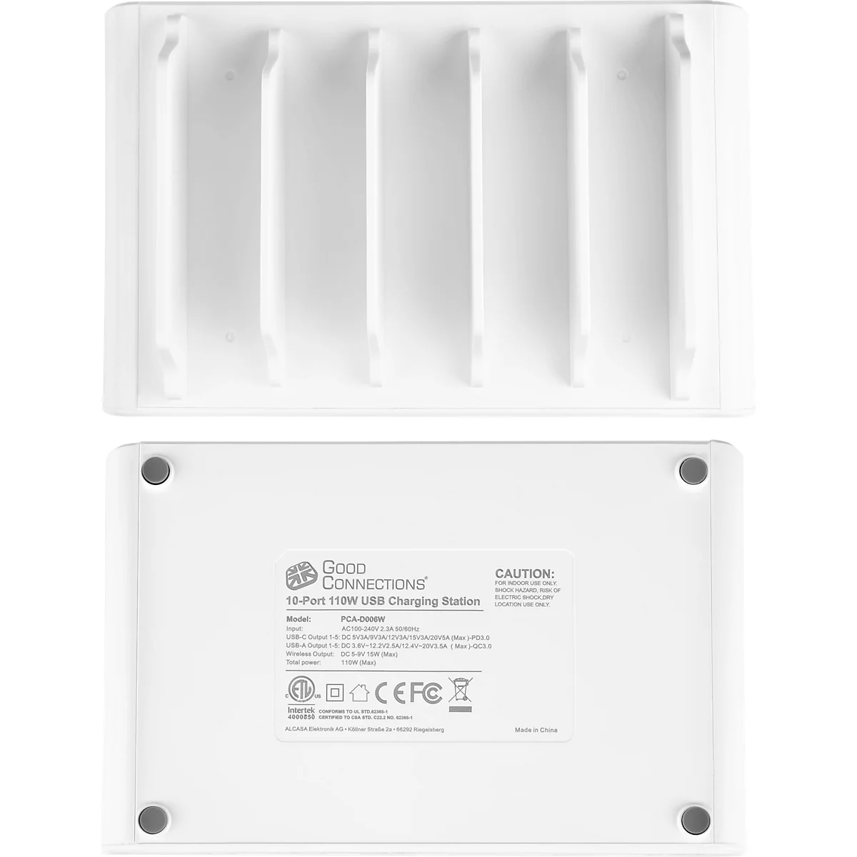 Good Connections draadloze lader, Qi-enabled, vermogen 15 W, voor USB desktop snellaadstation met 110 W, aansluiting aan linkerzijde, wit