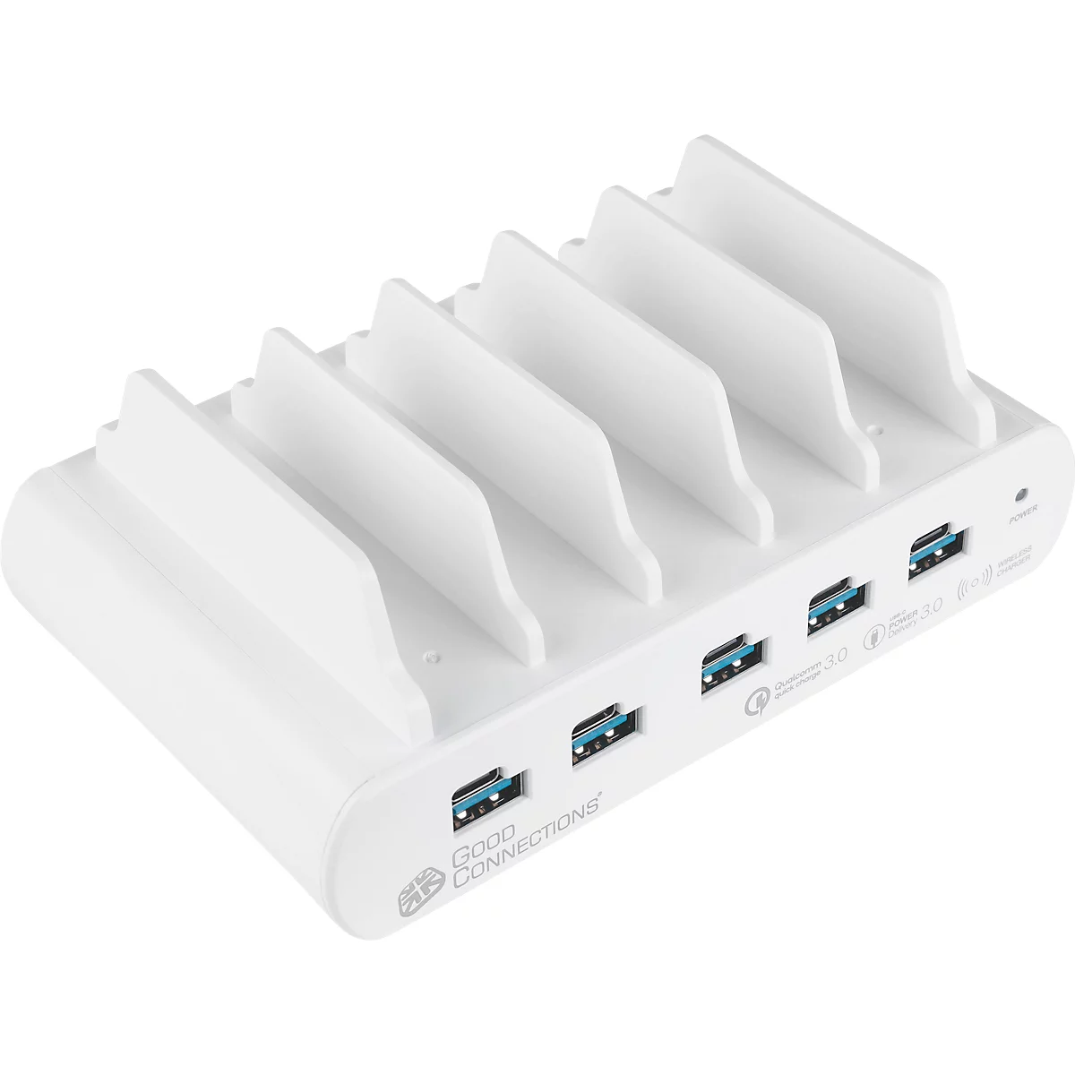 Good Connections draadloze lader, Qi-enabled, vermogen 15 W, voor USB desktop snellaadstation met 110 W, aansluiting aan linkerzijde, wit