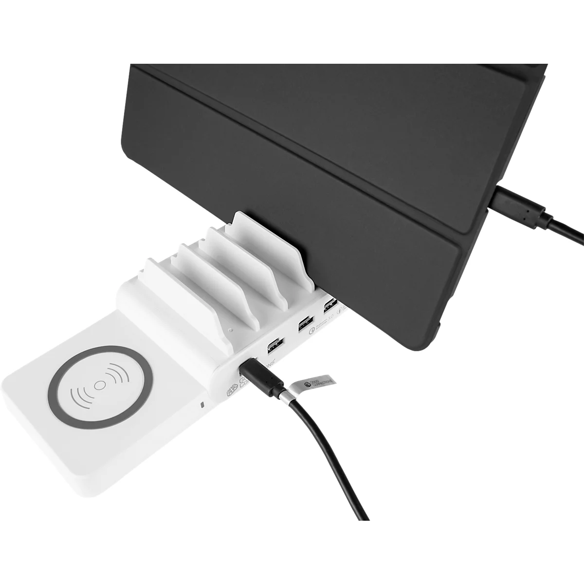 Good Connections draadloze lader, Qi-enabled, vermogen 15 W, voor USB desktop snellaadstation met 110 W, aansluiting aan linkerzijde, wit
