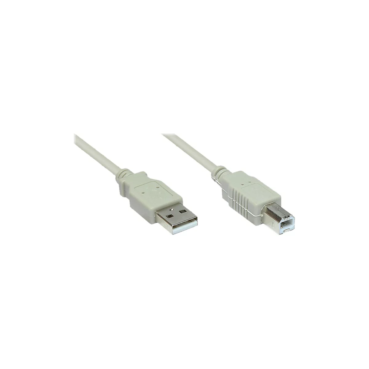 Beiges USB-Kabel mit USB-A- und USB-B-Stecker vor weißem Hintergrund.