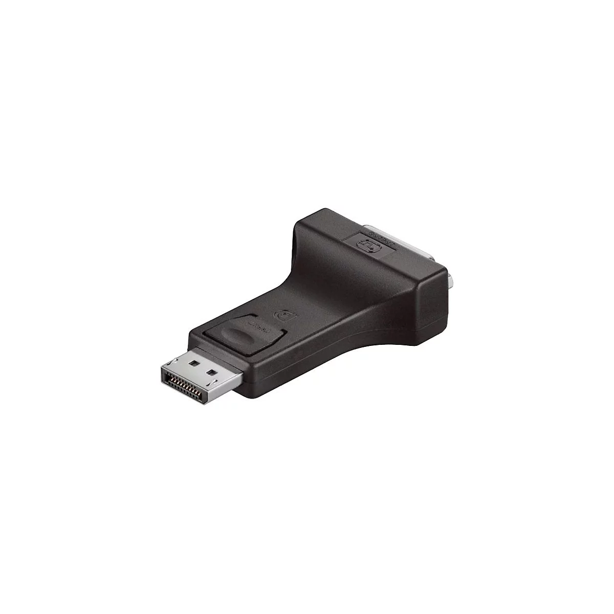 Ein schwarzer DisplayPort-auf-VGA-Adapter vor weißem Hintergrund.