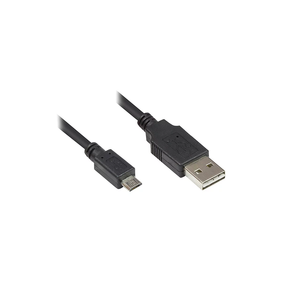 Schwarzes Micro-USB zu USB-A Kabel vor weißem Hintergrund.