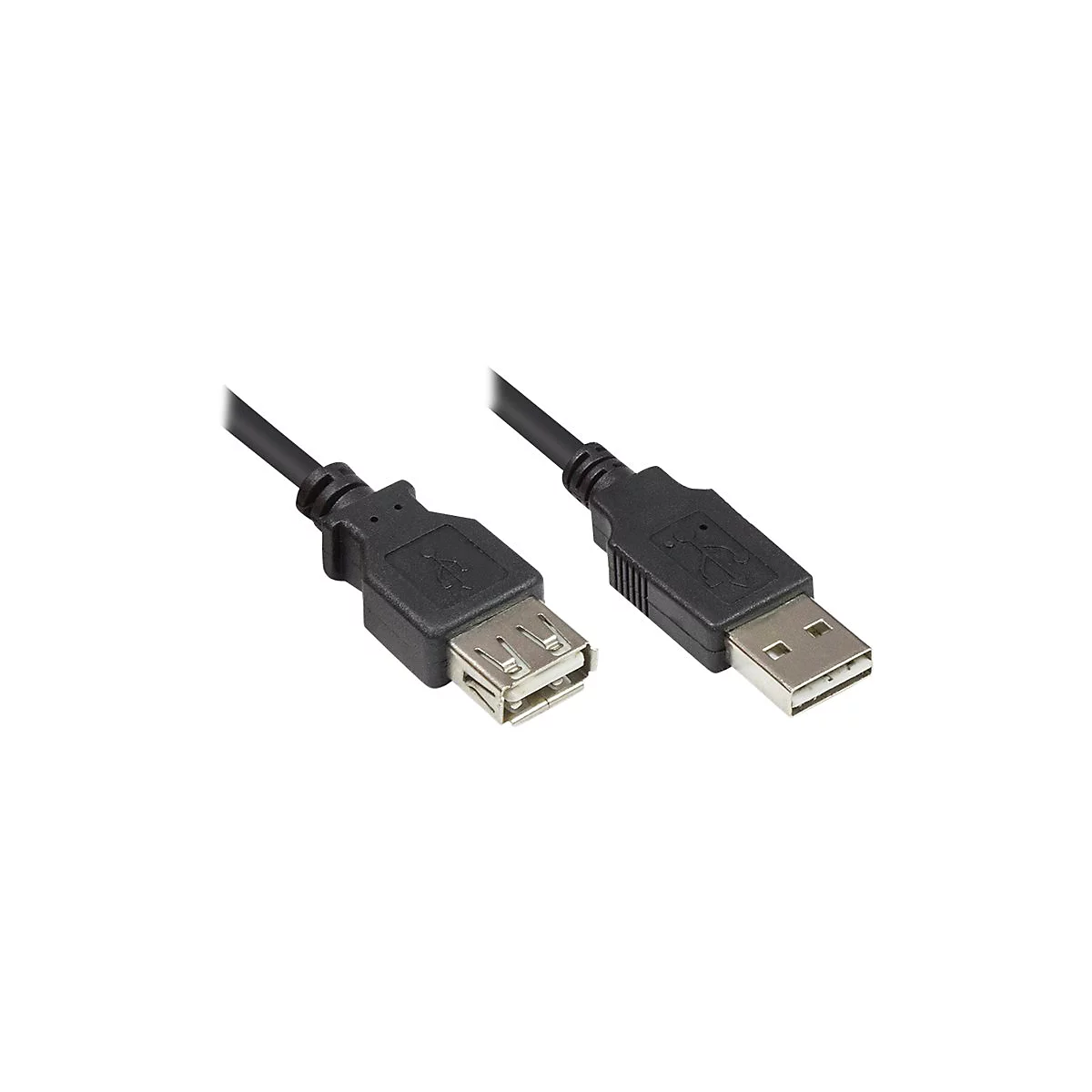Schwarzes USB-Verlängerungskabel mit einem USB-A-Stecker und einer USB-A-Buchse vor weißem Hintergrund.