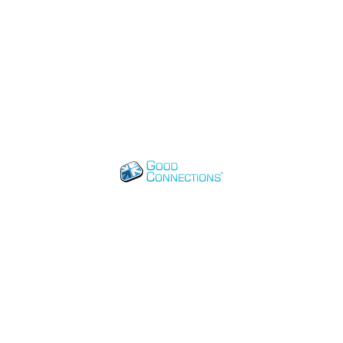 Firmenlogo Good Connections mit stilisiertem, blauem Quadrat-Symbol und blauem Schriftzug.