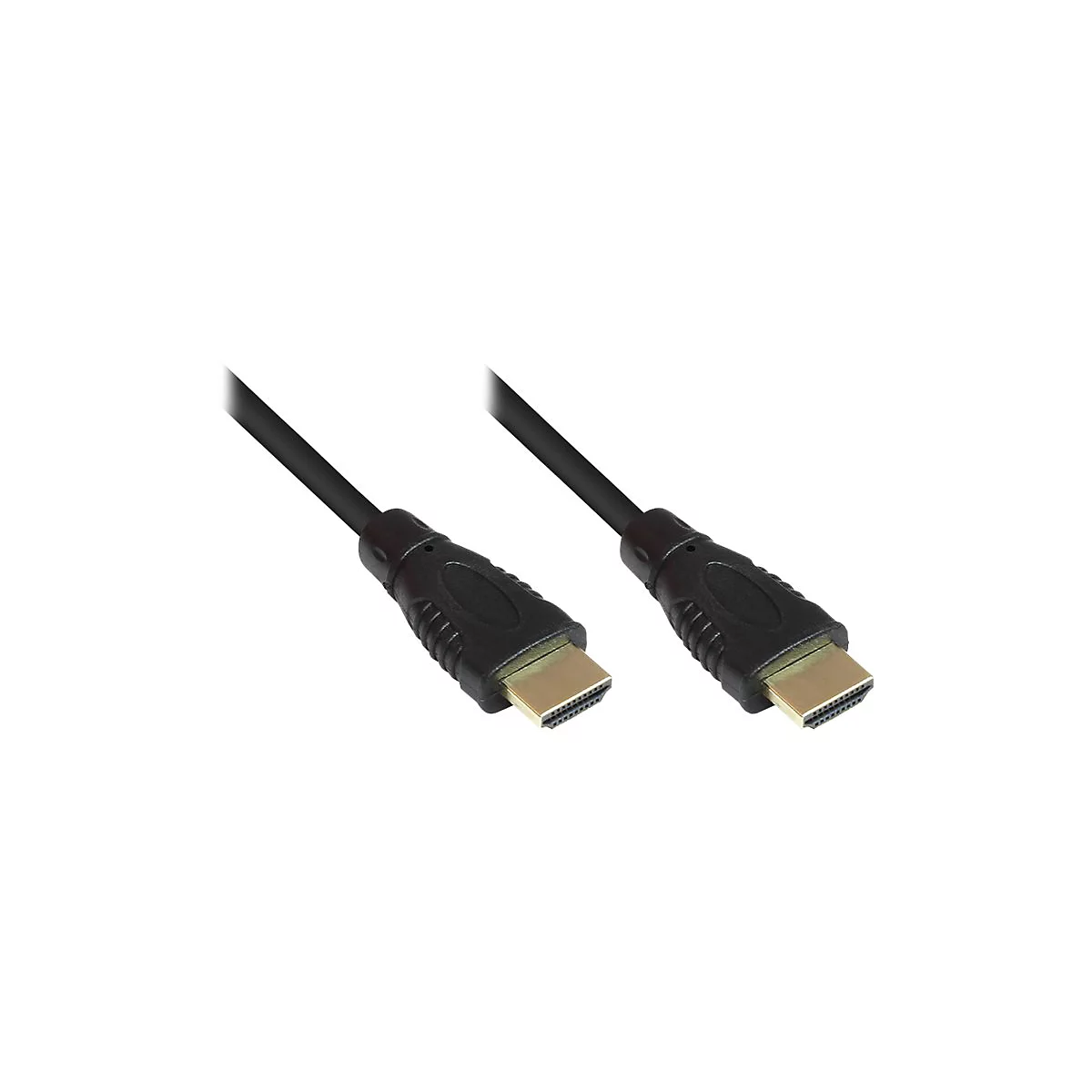 Zwei schwarze HDMI-Kabelstecker mit goldenen Anschlüssen vor weißem Hintergrund.