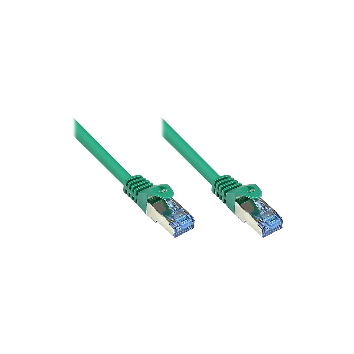 Zwei identische grüne Netzwerkkabel mit RJ45-Steckern vor weißem Hintergrund.