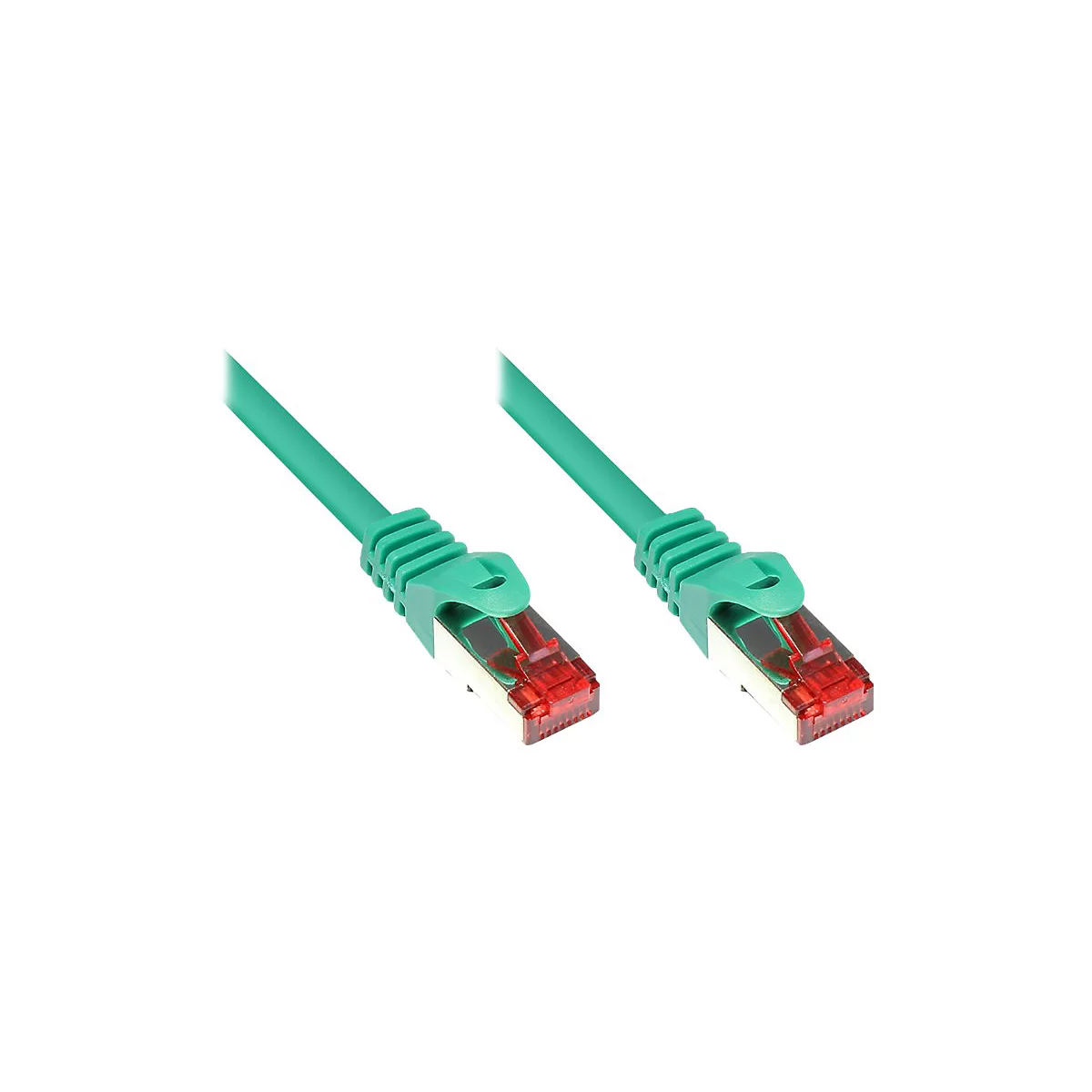 Grünes Netzwerkkabel mit RJ45-Stecker, Schirmung und rotem Clipschutz auf weißem Hintergrund.