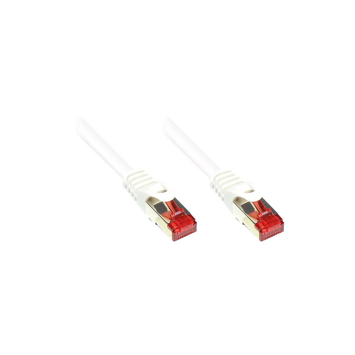 Zwei weiße Netzwerkkabel mit transparent roten RJ45-Steckern vor weißem Hintergrund.