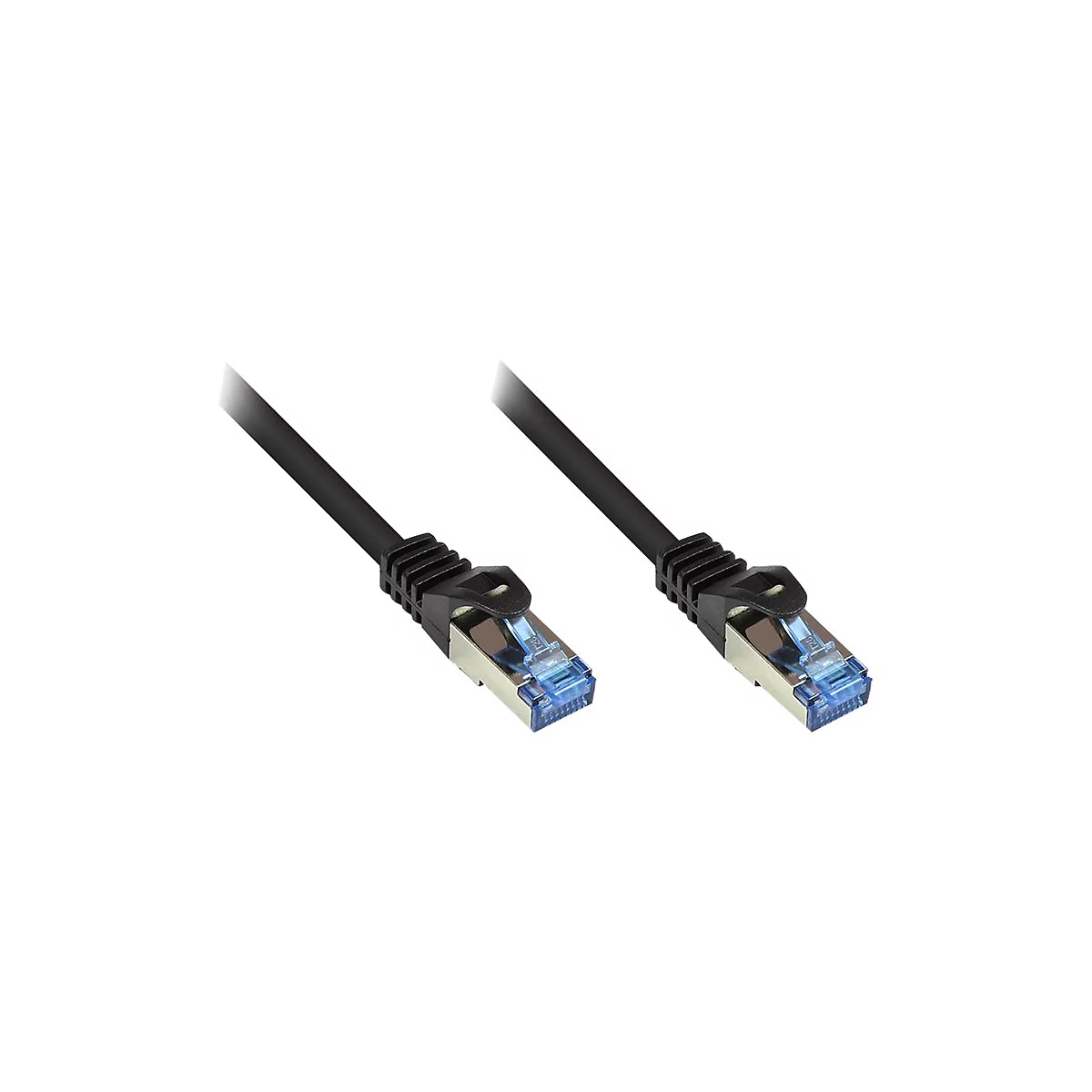 Zwei schwarze Netzwerkkabel-Stecker mit transparent-blauem Gehäuse vor weißem Hintergrund.