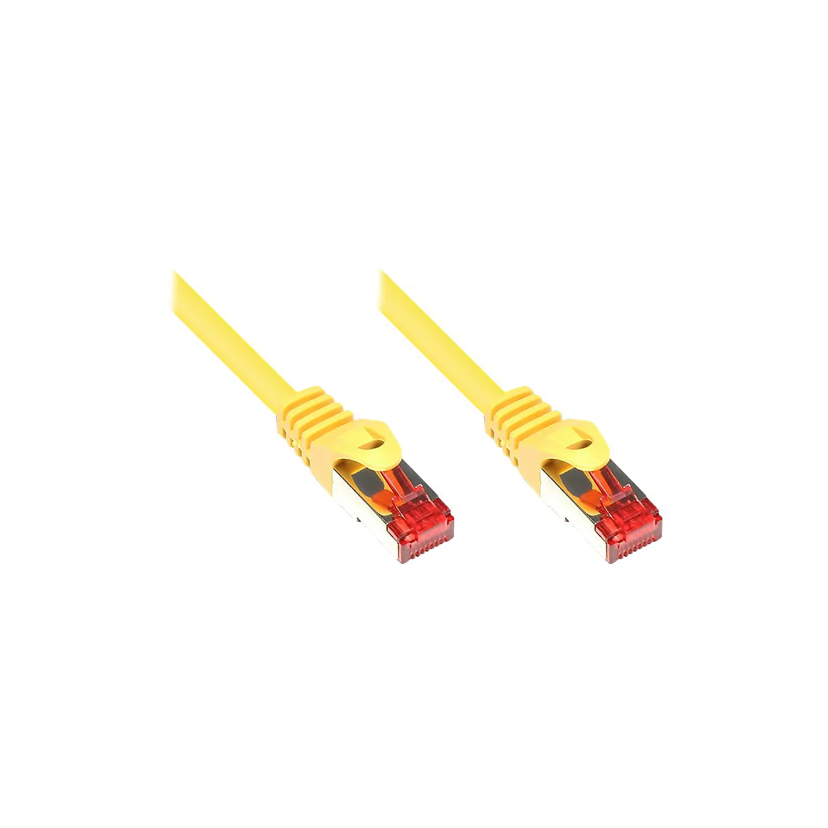 Zwei gelbe Netzwerkkabel mit metallisch glänzenden RJ45-Steckern und rotem Sicherungshebel vor weißem Hintergrund.