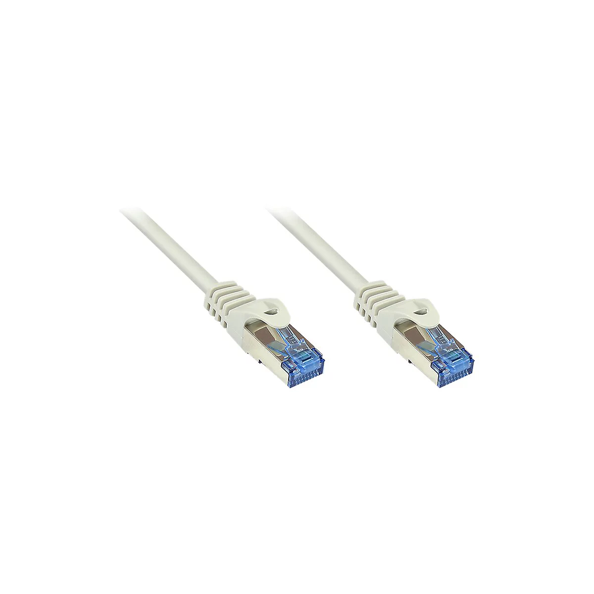 Zwei graue Netzwerkkabel-Enden mit RJ45-Steckern vor weißem Hintergrund.