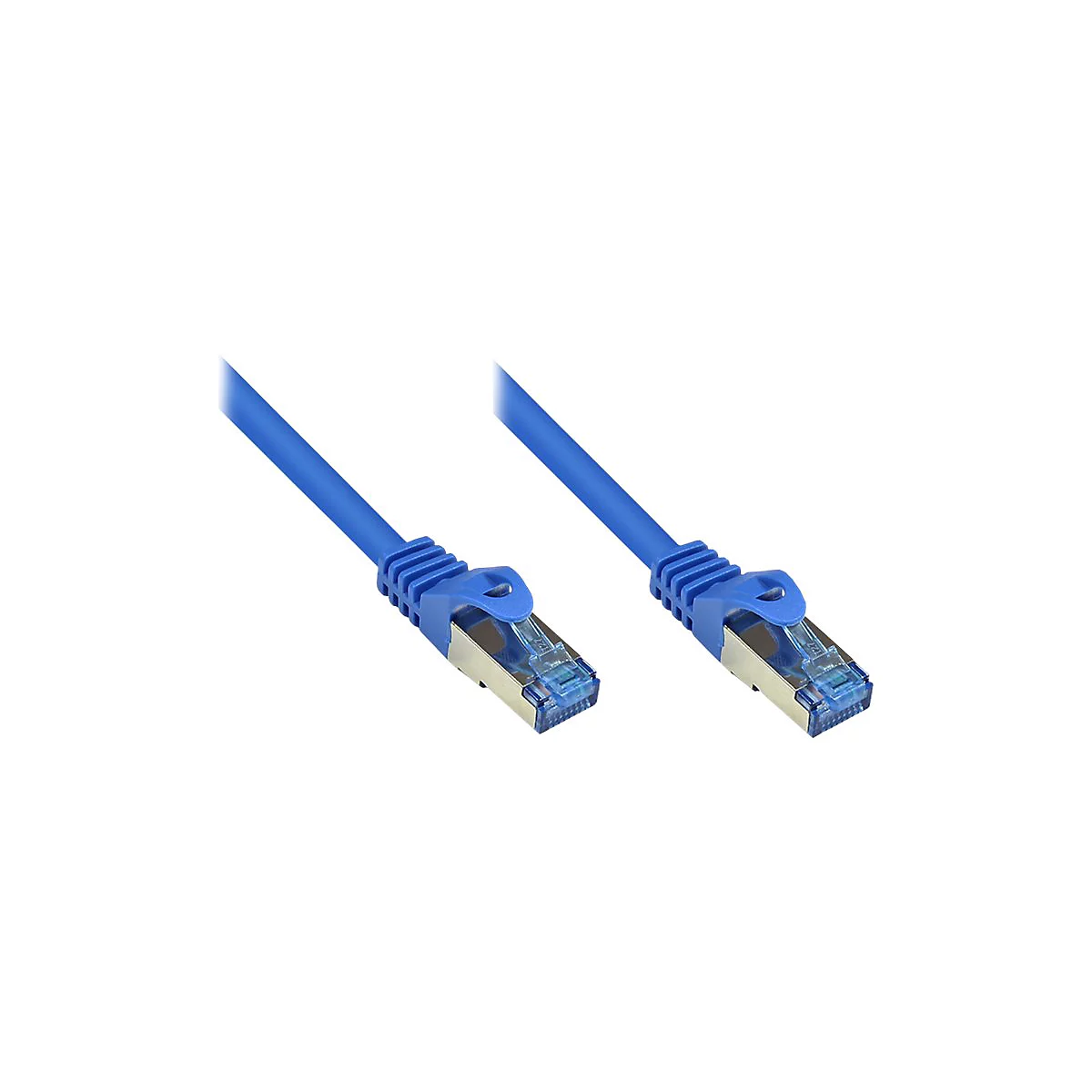 Zwei blaue Netzwerkkabel mit RJ45-Steckern und Knickschutz vor weißem Hintergrund.