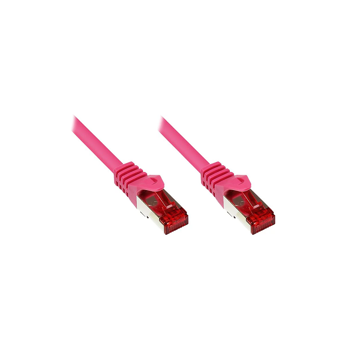 Zwei pinke Netzwerkkabel mit RJ45-Steckern vor weißem Hintergrund.