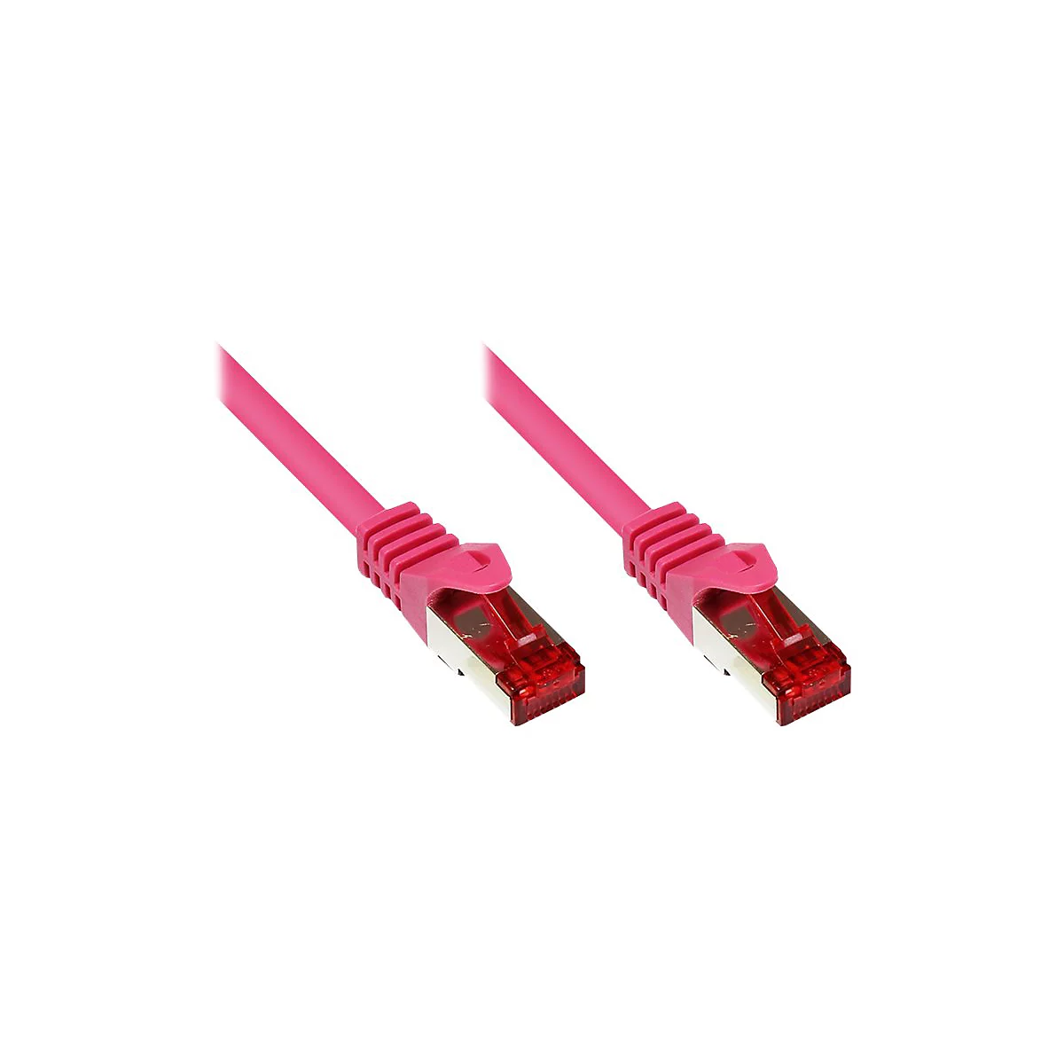 Zwei identische, pinke Netzwerkkabel mit RJ45-Steckern und metallischem Schirmgehäuse auf weißem Hintergrund.
