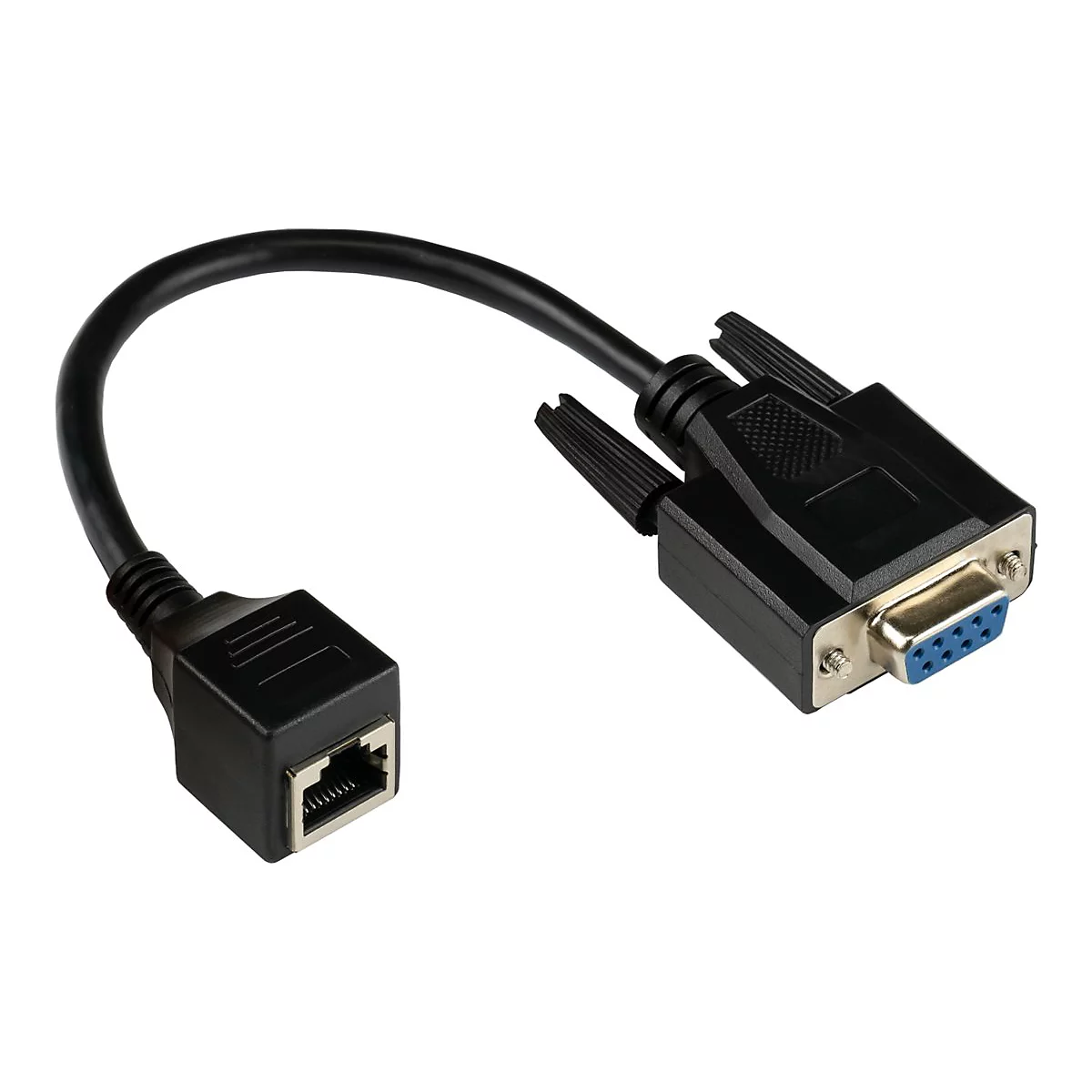 Adapterkabel mit einer schwarzen RJ45-Buchse an einem Ende und einem blauen 9-poligen D-Sub-Stecker am anderen.