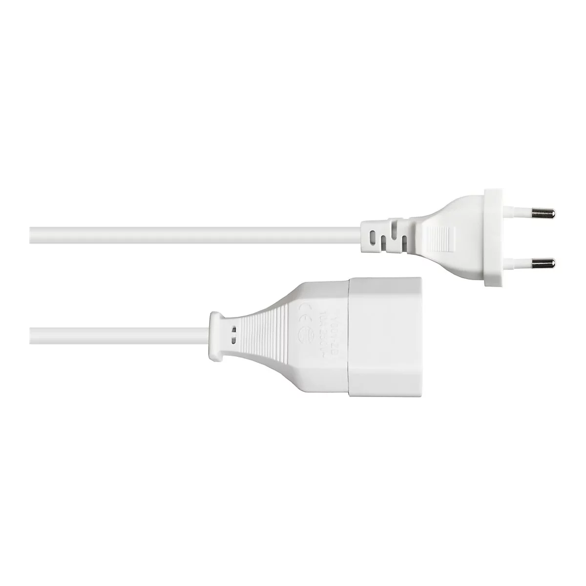 Weißes Verlängerungskabel mit Eurostecker und passender Kupplung vor weißem Hintergrund.
