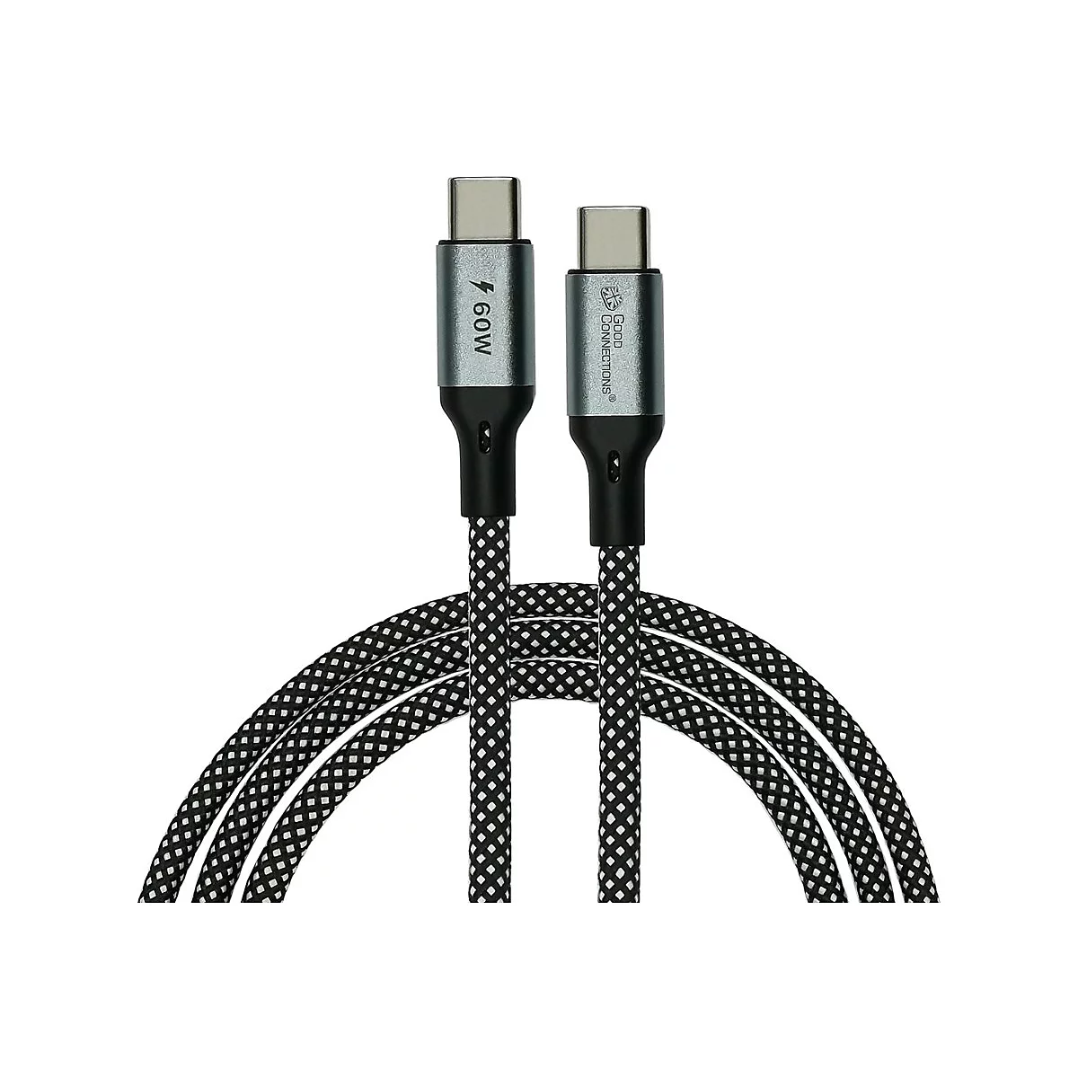 USB-C-Kabel mit schwarz-weißem Textilgeflecht und metallischen Steckern.