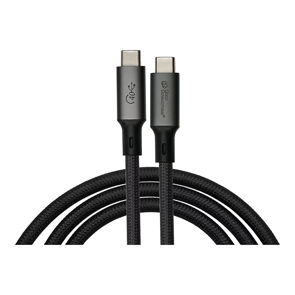 Zwei graue USB-C-Stecker eines schwarzen, stoffummantelten Kabels vor weißem Hintergrund.