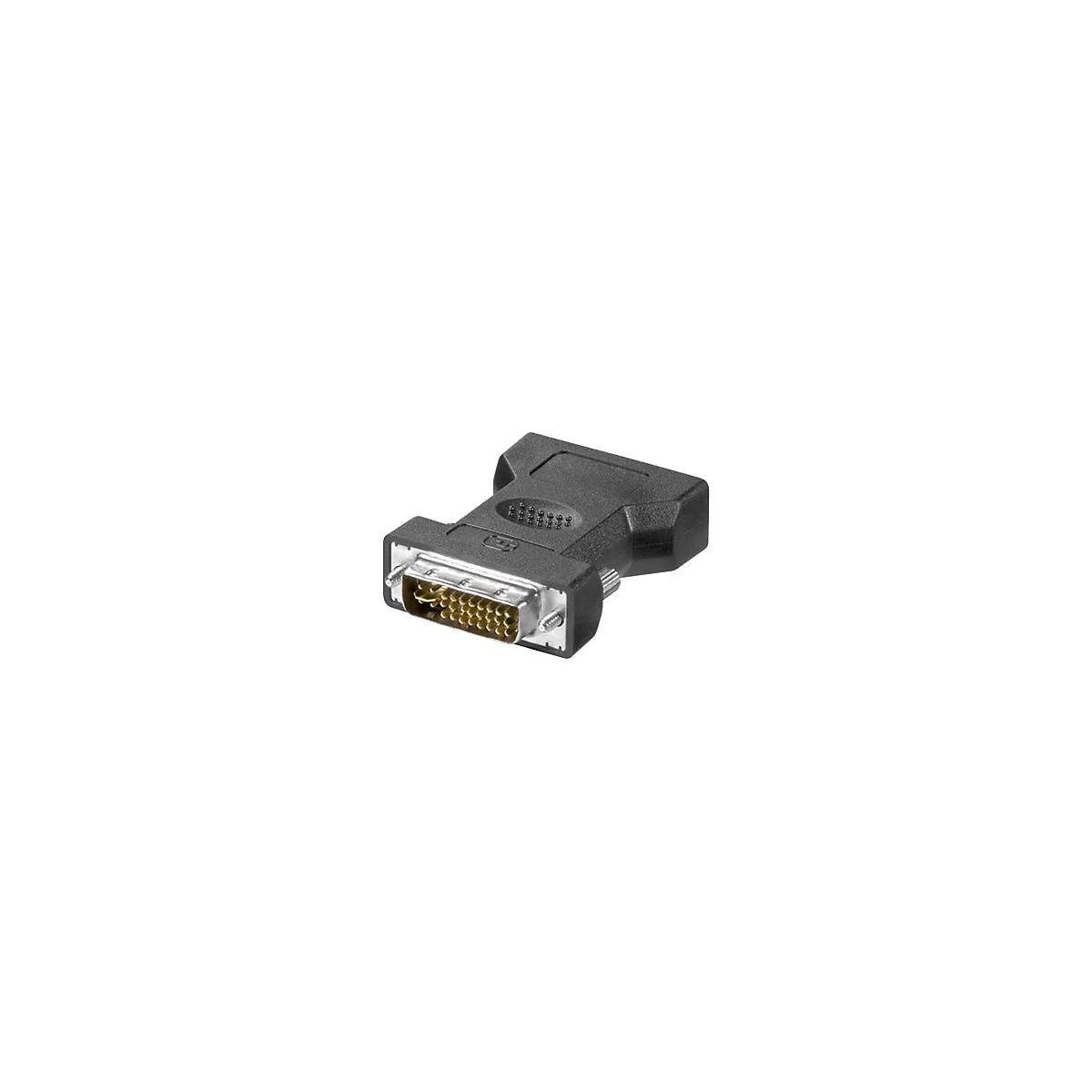 Schwarzer DVI-Adapter mit goldenen Pins vor weißem Hintergrund.