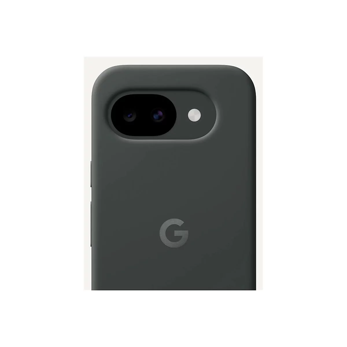 Nahaufnahme eines grauen Smartphone-Gehäuses. Zu sehen sind Kameraobjektive, ein Blitzlicht und das Google-Logo.