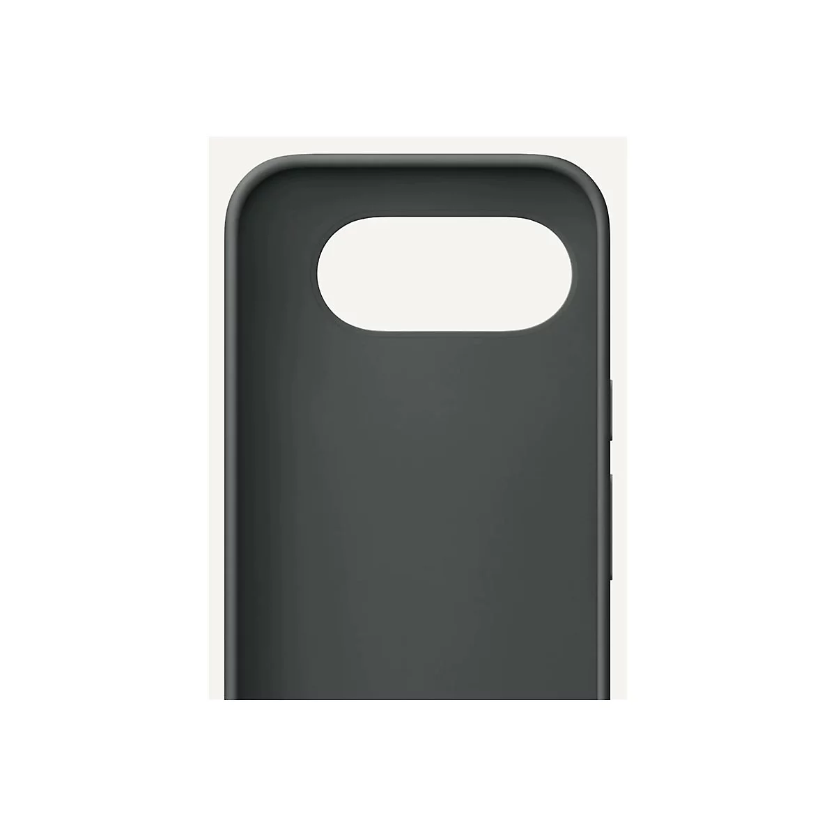 Dunkelgraue Handyhülle mit einem Ausschnitt für die Kamera, vor weißem Hintergrund.